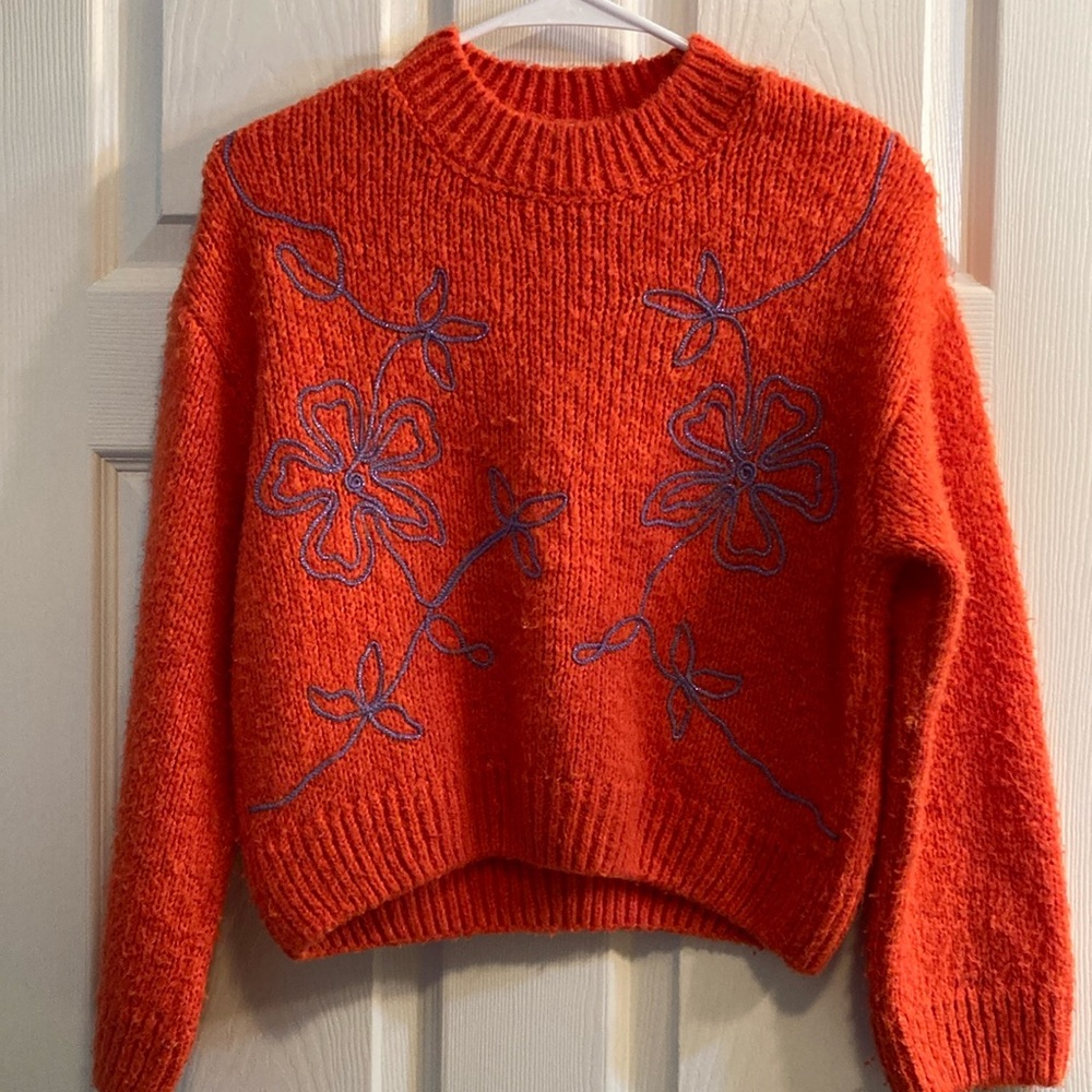 Zara Kids Vibrant Orange Sweater with Blue Embroidery